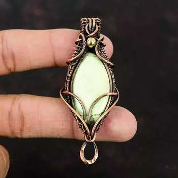 Кулон с лимонным хризопразом, медная проволока, кулон, лимонный хризопраз, драгоценный камень, ювелирный подарок для нее, дизайнерский кулон, ювелирные изделия, завернутый в проволоку