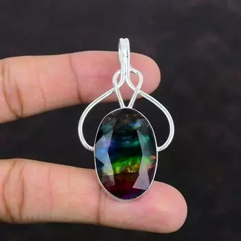 Кулон с ограненным аммолитом, натуральный драгоценный камень, антикварное ювелирное изделие, кулон из стерлингового серебра 925 пробы, кулон ручной работы, аммолит, ювелирное изделие, подарок для него
