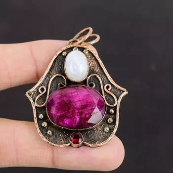 Кулон с ограненным кашмирским рубином, кулон с радужным лунным камнем, кулон с мозамбикским гранатом, медный кулон, красивое ювелирное изделие из драгоценных камней, кулон ручной работы