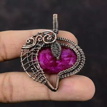 Кулон с ограненным кашмирским рубином, обернутый медной проволокой, подвеска ручной работы, обернутая проволокой, ювелирные изделия из кашмирского рубина, ювелирные изделия из медной проволоки, подарок для нее