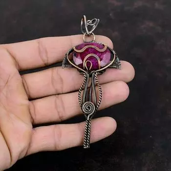 Кулон с ограненным кашмирским рубином, обернутый медной проволокой, оригинальный драгоценный камень, ювелирное украшение в стиле бохо-хиппи, подарок для нее, ювелирное украшение из меди ручной работы