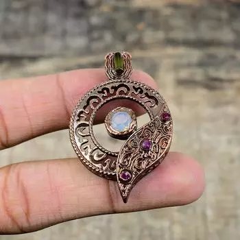 Кулон с ограненным молочным опалом, кулон с розовым и зеленым турмалином, кулон из гальванопластической меди, кулон из настоящего драгоценного камня ручной работы, ювелирные изделия, изготовленные методом гальванопластики