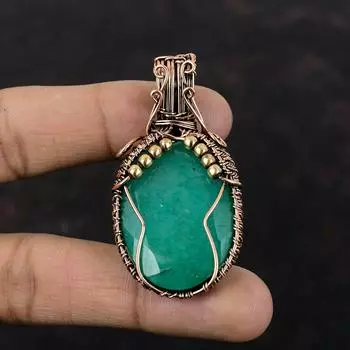 Кулон с ограненным замбийским изумрудом, медный кулон, обернутый проволокой, кулон из меди, ювелирные изделия ручной работы, драгоценный камень, кулон для подарка, обернутый проволокой