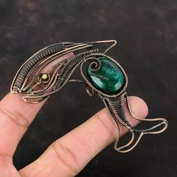 Кулон с ограненным замбийским изумрудом, обернутый медной проволокой, антикварный кулон в виде рыбы, драгоценный камень, кулон ручной работы, ювелирное изделие из медной проволоки, свадебный подарок