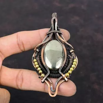 Кулон с пиритом, кулон из медной проволоки, медные украшения, кулон с драгоценным камнем ручной работы, подарок для нее, уникальный стиль, кулон, ювелирные изделия в проволочной обертке