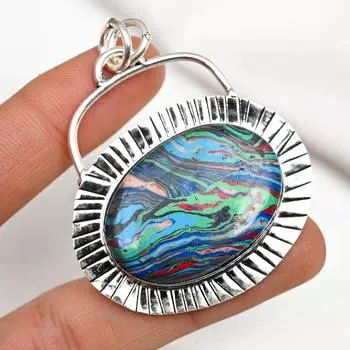 Кулон с радужным кальцием и драгоценными камнями, кулон из стерлингового серебра 925 пробы, кулон с камнем по дате рождения, подарок для него 2.13 Inches синий