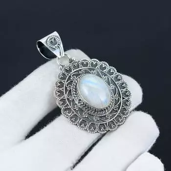 Кулон с радужным лунным камнем, ювелирное изделие ручной работы, ожерелье из стерлингового серебра 925 пробы, натуральный блестящий лунный камень, ювелирное изделие, кулон, подарок для него на Новый год 1.97 белый