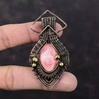 Кулон с родохрозитом, кулон в медной проволоке, кулон из натурального драгоценного камня, медные украшения ручной работы, подарок для него, изысканные украшения из родохрозита