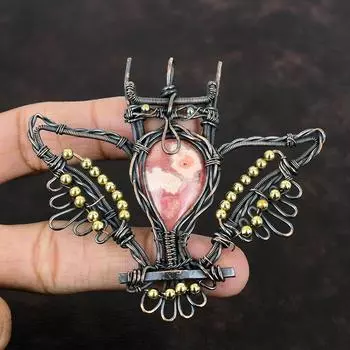 Кулон с родохрозитом, медная проволока, кулон, кулон с совой, ювелирные изделия из драгоценных камней, кулон ручной работы, медные украшения с родохрозитом, подарок на помолвку