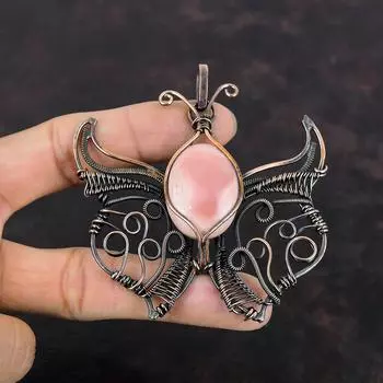 Кулон с розовым опалом, медная проволока, кулон с драгоценным камнем, кулон-бабочка, медные украшения, кулон ручной работы, ювелирные изделия, подарки для мамы