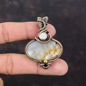 Кулон с шлейфом агата, медная проволока, кулон, Радужный лунный камень, медные украшения, кулон ручной работы, кулон с драгоценным камнем, проволочное ювелирное изделие, подарок для нее
