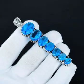 Кулон с швейцарским голубым топазом, Кулон из стерлингового серебра 925 пробы, Кулон ручной работы, Антикварный кулон, Кулон с драгоценным камнем швейцарским голубым топазом, Подарок на годовщину 3.14 синий