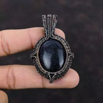 Кулон с синим солнечным камнем, медная проволока, кулон, медные украшения, ювелирные изделия ручной работы, женский специальный подарок, очень красивый кулон с драгоценным камнем