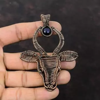 Кулон с синим солнечным камнем, ювелирные изделия из медной проволоки, кулон с бычьим лицом, медный кулон ручной работы, ювелирные изделия из драгоценных камней, подарок для него, кулон из проволочной пленки