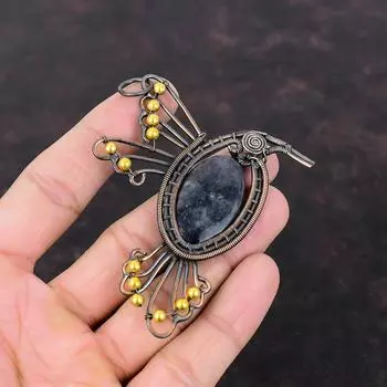 Кулон с солнечным камнем иолита, медная проволока, кулон, кулон с драгоценным камнем, удивительные медные украшения, новый кулон ручной работы, кулон с птицей для подарка