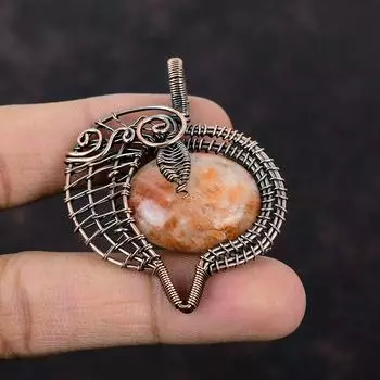 Кулон с солнечным камнем, кулон из медной проволоки, кулон ручной работы, ювелирные изделия из солнечного камня, кулон с драгоценным камнем, этнический кулон, кулон из медной проволоки, ювелирный подарок для нее