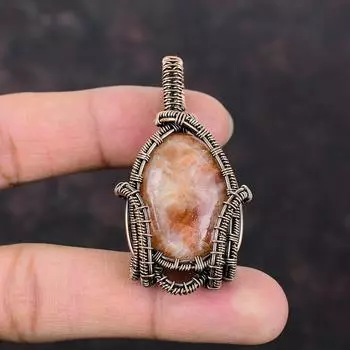 Кулон с солнечным камнем, медная проволока, кулон, кулон ручной работы с драгоценным камнем, красивые медные украшения, подарок на годовщину, ювелирные изделия из солнечного камня для женщин