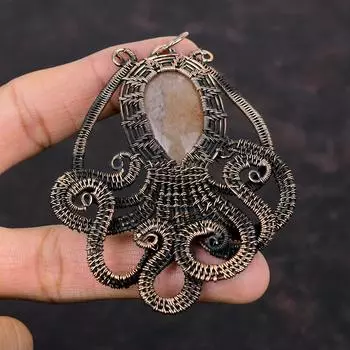 Кулон с солнечным камнем, медная проволока, кулон, кулон с солнечным камнем, осьминог, оригинальный кулон с драгоценным камнем, медные украшения, кулон ручной работы, подарок для мамы