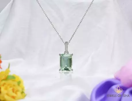 Кулон с зеленым аметистом. Кулон с празиолитом. Кулон изумрудной огранки, серебряный кулон.