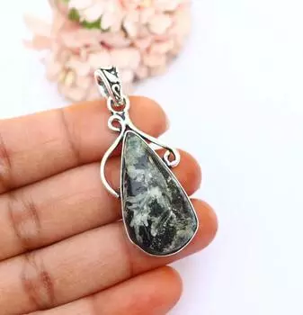 Кулон серафинит Ожерелье с серафинитом Большой кулон с драгоценным камнем серафинит