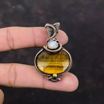 Кулон «Тигровый глаз», медная проволока, кулон, драгоценный камень, медные украшения, кулон ручной работы, подарок для него, кулон с радужным лунным камнем, ювелирные изделия из проволоки