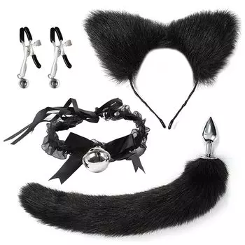 KUNANG Anal Plug Tail Cat Ears Nipple Clip Headband Collar with Bell 4 Piece Set SM Anal Expansion Nipple Attack Adult Goods Cat Ears Nipple Attack