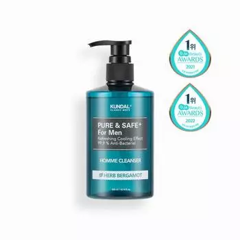 Kundal Pure & Safe Охлаждающее очищающее средство для мужчин 300 мл (Аромат травяного бергамота), Корейская косметика с хорошим ароматом