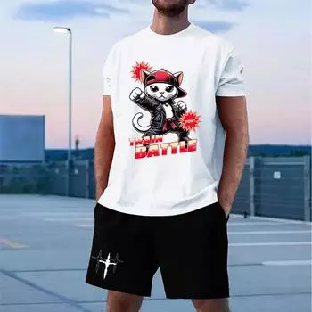 Кунг-фу кот с английским принтом, модные мужские дышащие спортивные шорты с короткими рукавами и завязками, комплект S