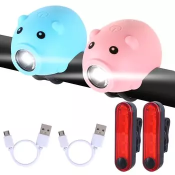 KunHe 4 шт. в упаковке, милый комплект фонарей для велосипеда в виде свиньи, детский супер яркий фонарь для велосипеда, перезаряжаемый через USB, передняя фара и задний фонарь