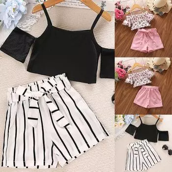 (Куниде) Детская одежда, комплекты для девочек, летний топ с короткими рукавами на подтяжках для девочек, детская одежда для детей 4, 5, 6, 7 лет 130 розовый