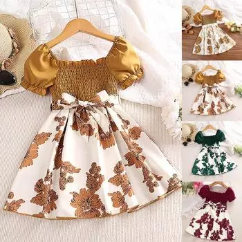 (Куниде) Детское повседневное платье для девочек, новое летнее платье принцессы трапециевидной формы с короткими рукавами и цветочным принтом для малышей с поясом, детская одежда 110 красный