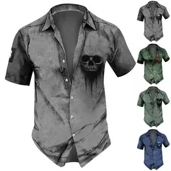 (Куниде) Дизайнерские весенне-летние мужские повседневные хлопковые льняные рубашки с коротким рукавом, свободные рубашки M синий