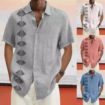 (Куниде) Дизайнерские весенне-летние мужские повседневные хлопковые льняные рубашки с коротким рукавом, свободные рубашки M розовый