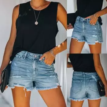 (Куниде) Джинсовые шорты Женские женские карманные джинсы Джинсовые брюки Женские сексуальные повседневные шорты с дыркой внизу M синий