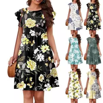 (Куниде) Летнее пляжное платье для женщин, повседневная туника с круглым вырезом, рюшами и короткими рукавами, многоуровневое платье трапециевидной формы в стиле Babydoll, струящееся мини-платье L чёрный