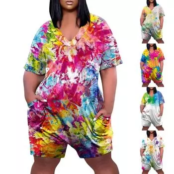 (Куниде) Летний плюс размер V-образным вырезом с коротким рукавом и карманом до колена, повседневный комбинезон с принтом для женщин XXXXL оранжевый