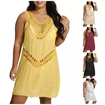 (Куниде) Модная женская большая кружевная юбка-майка, пляжное бикини, прикрытие, платье L чёрный