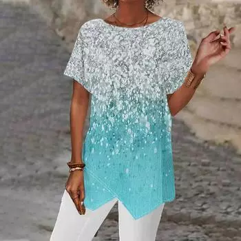 (Куниде) Модная женская летняя свободная футболка с геометрическим принтом и коротким рукавом с нерегулярным подолом S хаки