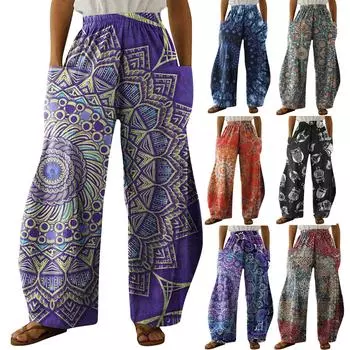 (Куниде) Модные женские повседневные брюки с высокой талией и принтом, свободные брюки с эластичной резинкой на талии и двойными карманами XXL темно-фиолетового