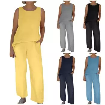 (Куниде) Модные женские повседневные однотонные брюки без рукавов с круглым вырезом и эластичной резинкой на талии S серый