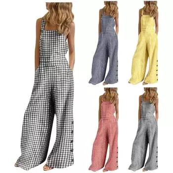 (Куниде) Модный женский комбинезон из хлопка и льна с принтом, украшенный пуговицами, свободный комбинезон с ремешками S красный