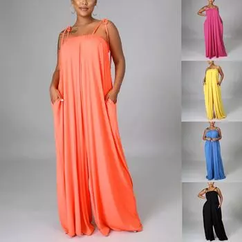 (Куниде) Модный женский свободный комбинезон с широкими штанинами без рукавов на талии и карманами на груди XL чёрный