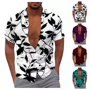 (Куниде) Мужская гавайская рубашка, забавная рубашка с коротким рукавом на пуговицах, тропическая праздничная пляжная рубашка L фиолетовый