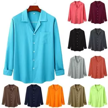 (Куниде) Мужская карманная рубашка с кубинским воротником и длинным рукавом, повседневная однотонная базовая рубашка из ледяного шелка на пуговицах XXXL оранжевый