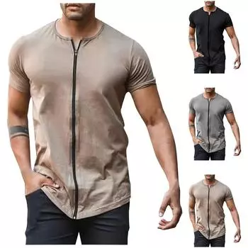 (Куниде) Мужская модная повседневная летняя футболка с украшением на молнии из молочного шелка с круглым вырезом и коротким рукавом XL светло-серый