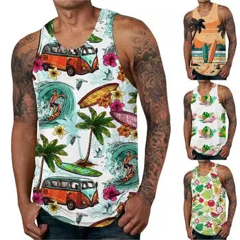 (Куниде) Мужская повседневная модная летняя пляжная майка без рукавов с круглым вырезом и принтом M оранжевый