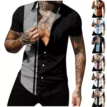 (Куниде) Мужская повседневная пляжная праздничная одежда с лацканами, модная рубашка, гавайская рубашка с короткими рукавами M