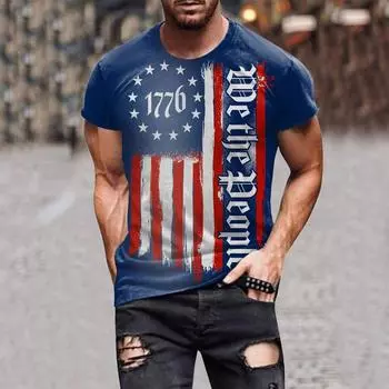 (Куниде) Мужские футболки ко Дню независимости, мужские футболки с рисунком флага США и короткими рукавами, американская патриотическая винтажная футболка L синий