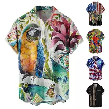 (Куниде) Мужские гавайские рубашки с короткими рукавами и лацканами, рубашки с принтом флага ко Дню независимости XXL чёрный