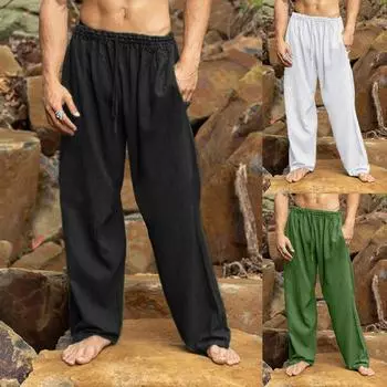 (Куниде) Мужские повседневные свободные и удобные повседневные брюки, хлопковые льняные брюки с пуговицами XL белый